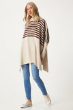Krem Çizgili Yandan Yırtmaçlı Oversize Panço Kazak DD01336