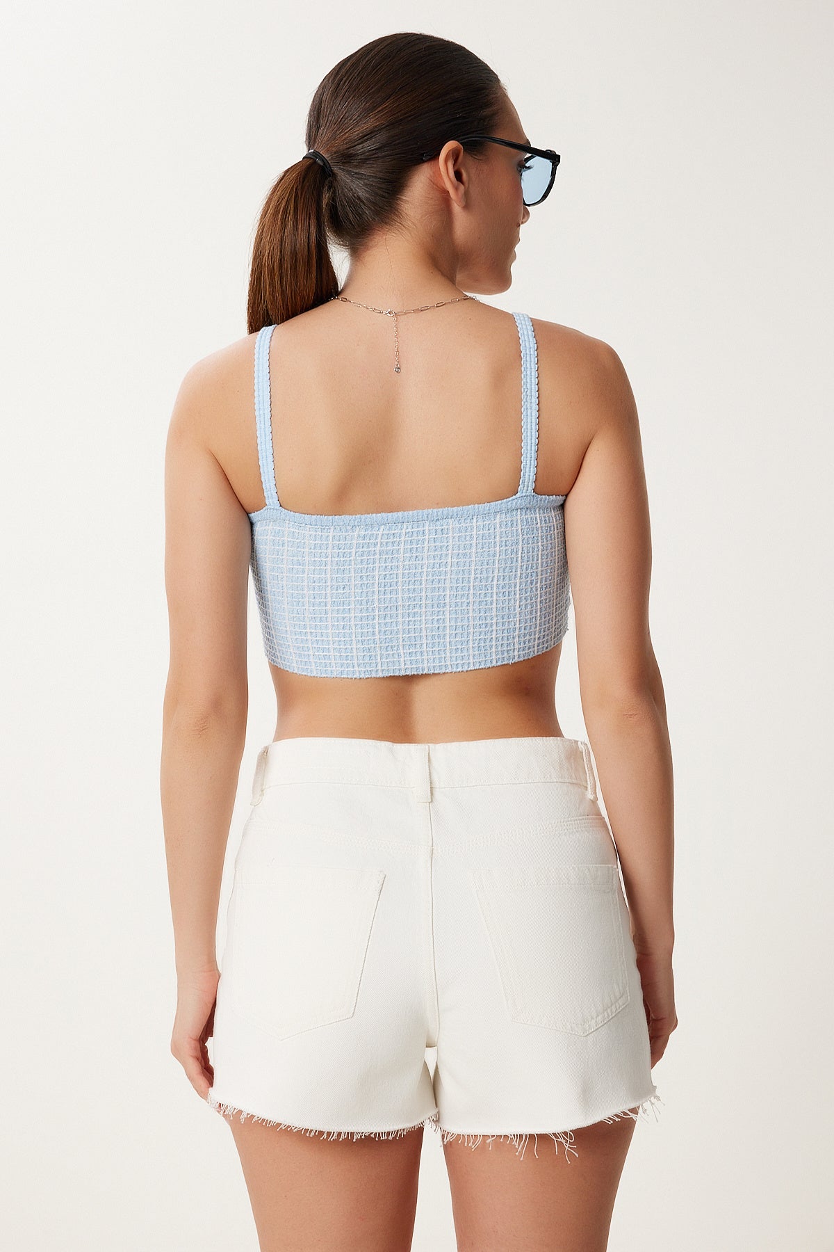 Gök Mavi Askılı Esnek Yazlık Triko Crop Bluz NS00436