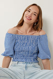 Mavi Kareli Carmen Yaka Esnek Crop Keten Bluz TP00079