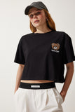 Siyah Ayıcık Armalı Crop Örme T-Shirt HF00456