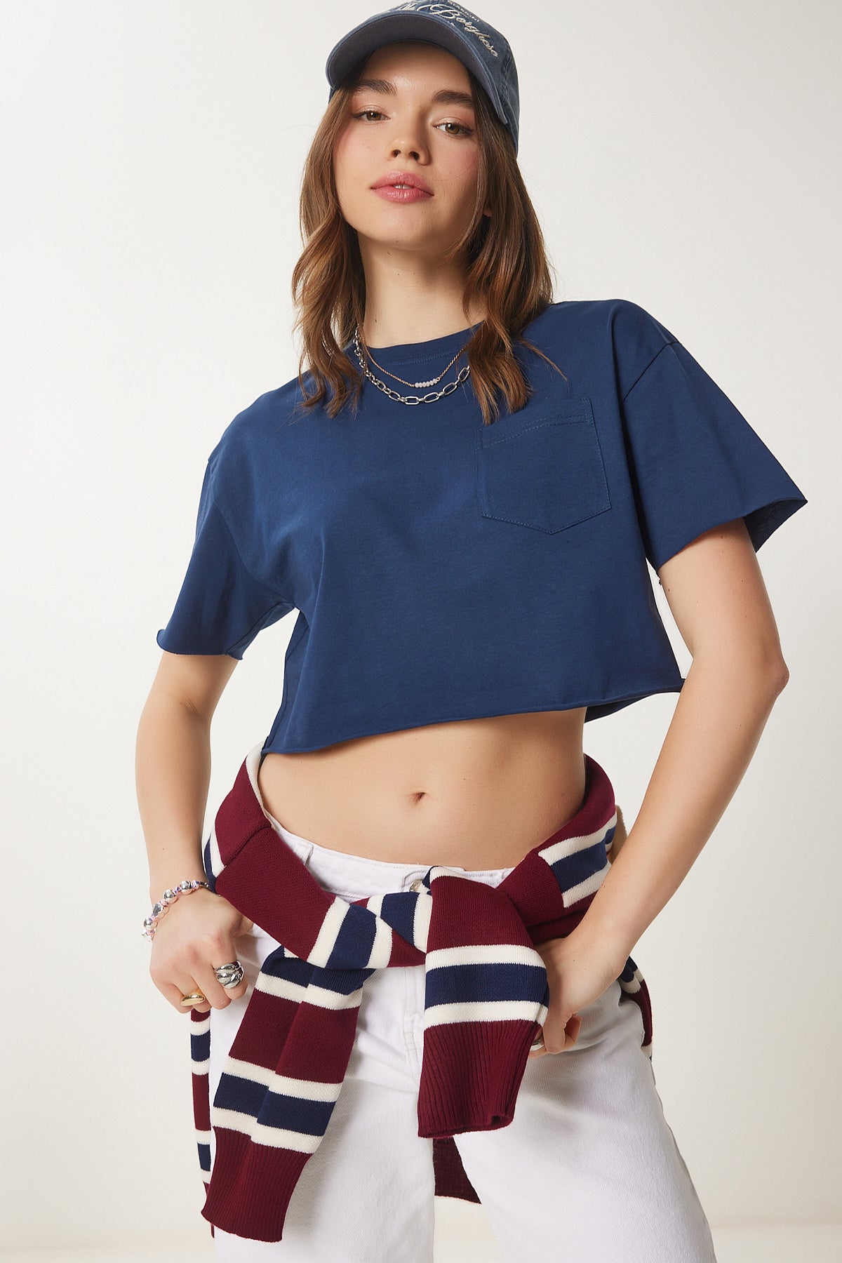 Lacivert Pamuklu Crop Örme T-Shirt CR00443