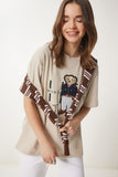 Krem Ayıcık Armalı Pamuklu Oversize Örme T-Shirt CR00452