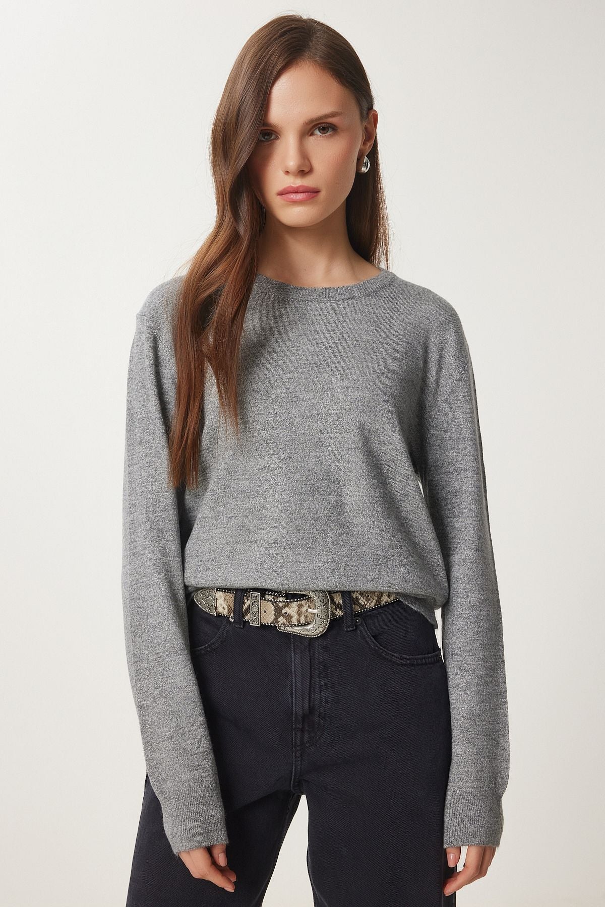 Gri Bisiklet Yaka Basic Triko Kazak US01004