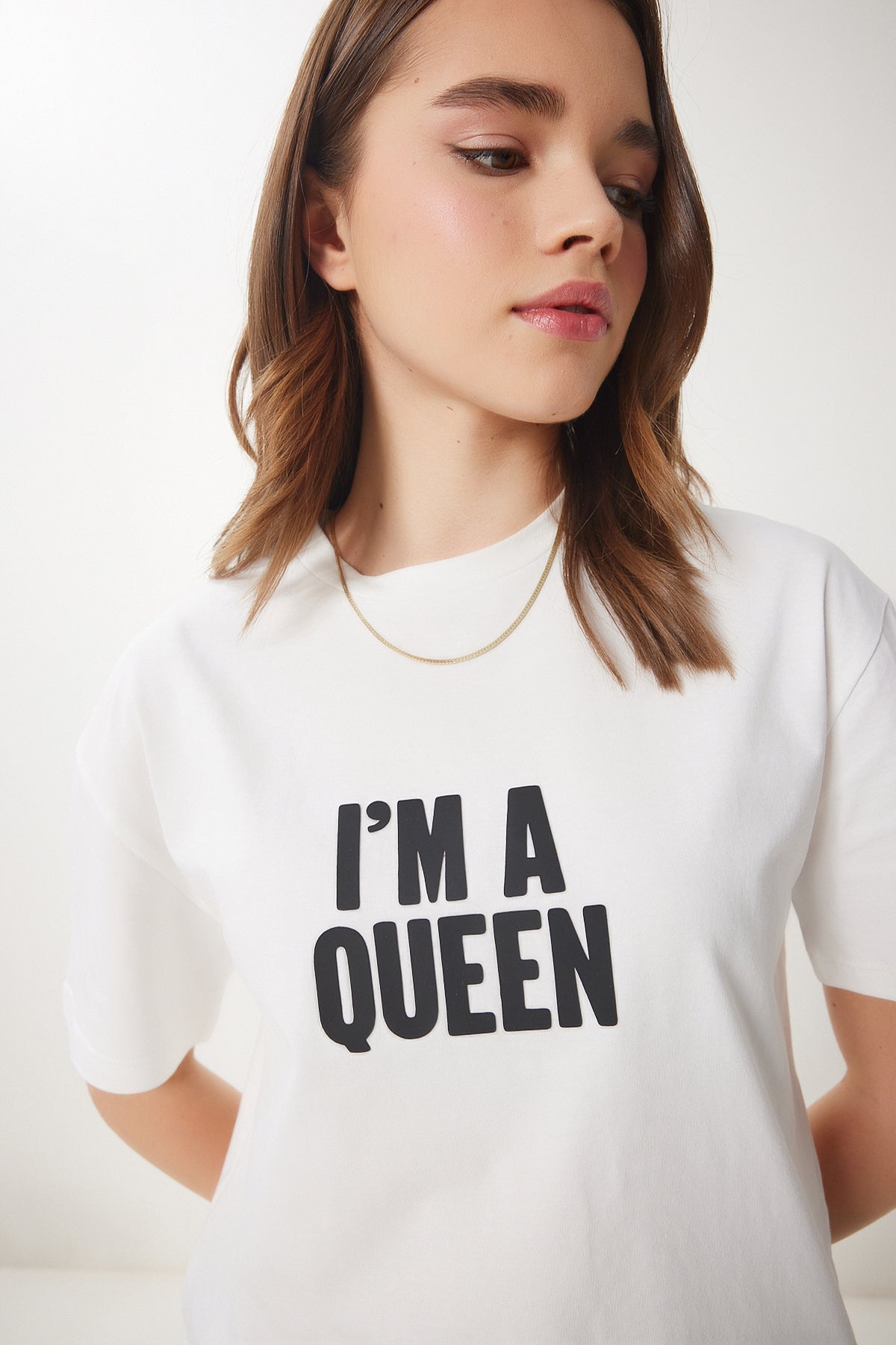 Ekru Sloganlı Örme T-Shirt CR00458