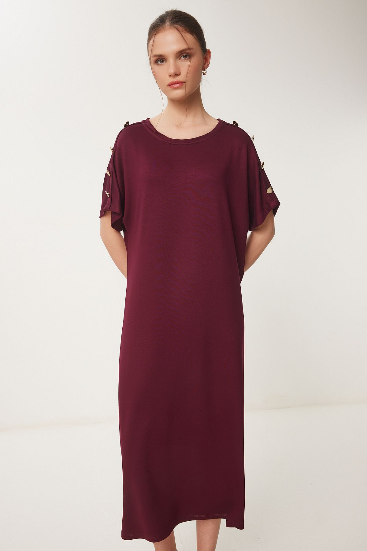 Bordo Düğme Detaylı Yazlık Örme Elbise ZV00291