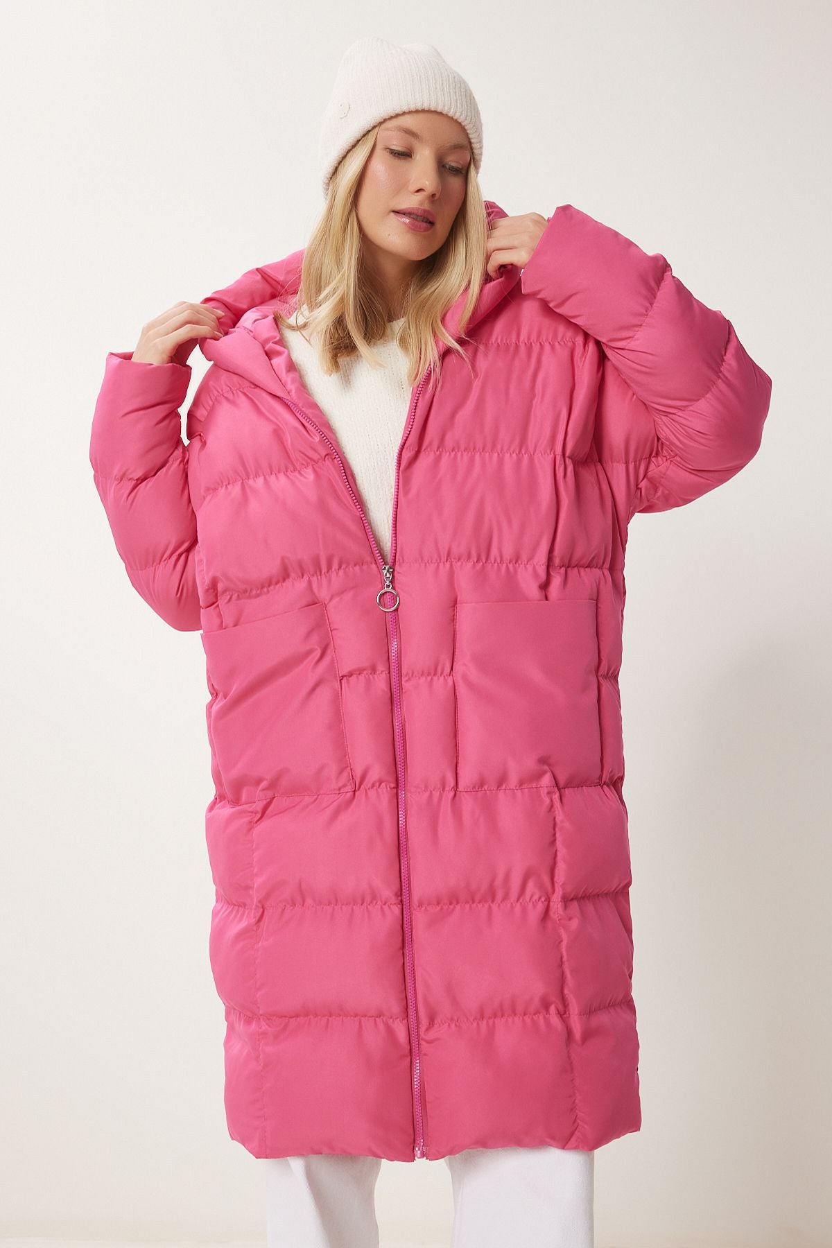 Pembe Kapüşonlu Oversize Uzun Şişme Kaban NT00428