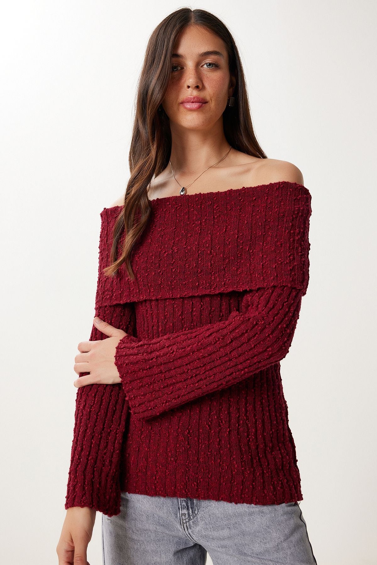 Bordo Carmen Yaka Dokulu Triko Kazak YY00252