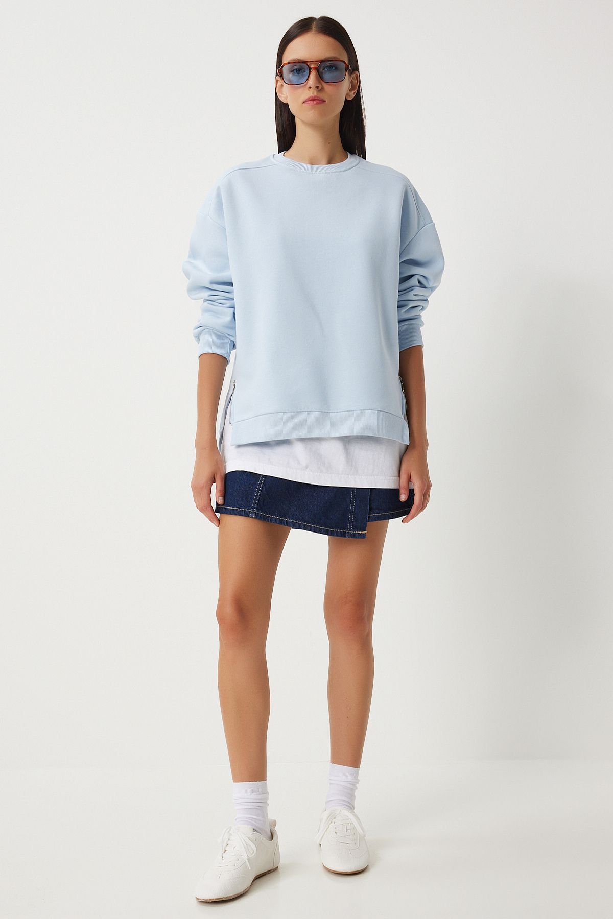Gök Mavi Fermuar Detaylı Şardonlu Örme Sweatshirt UB00148