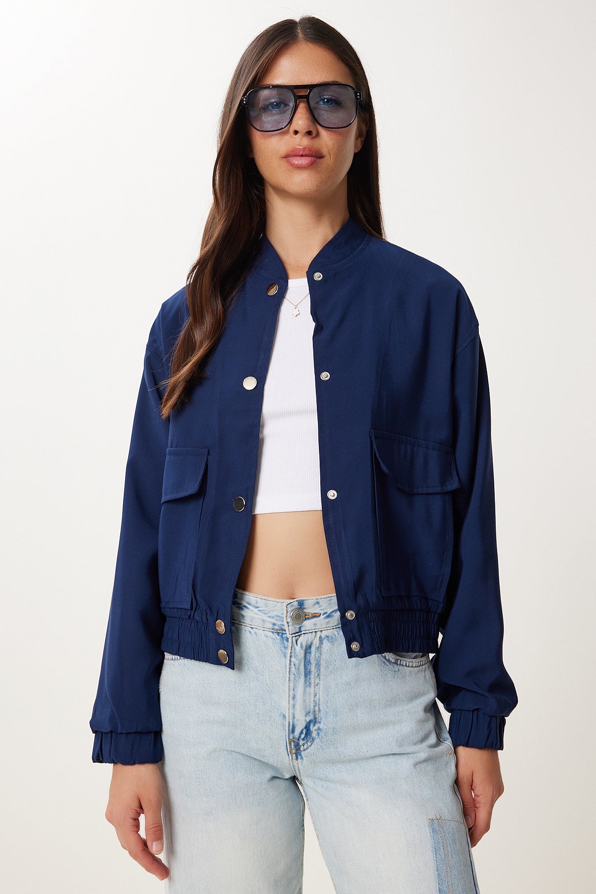 Lacivert Kapaklı Cepli Gabardin Bomber Ceket MX00235