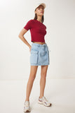 Bordo Bisiklet Yaka Crop T-Shirt UB00064
