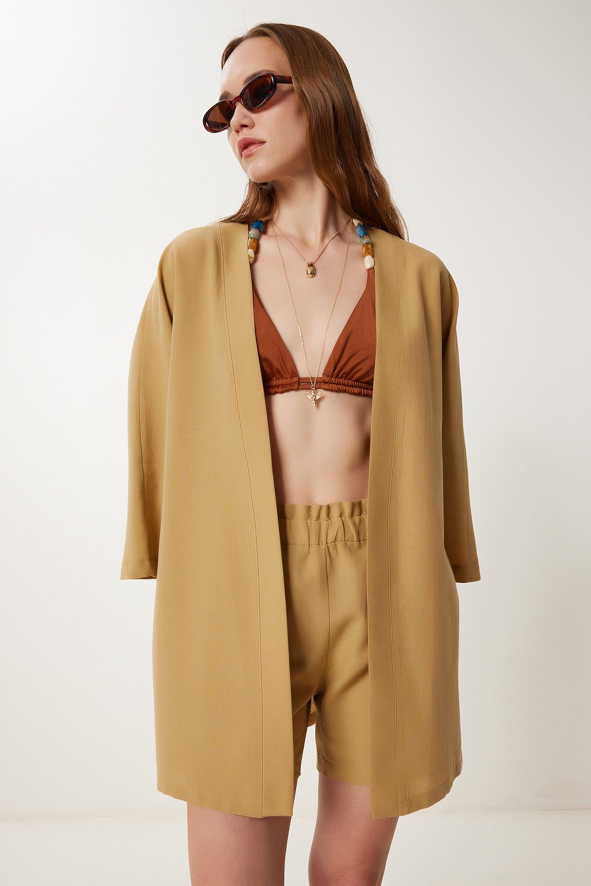 Camel Keten Kimono Şort Takım WF00105