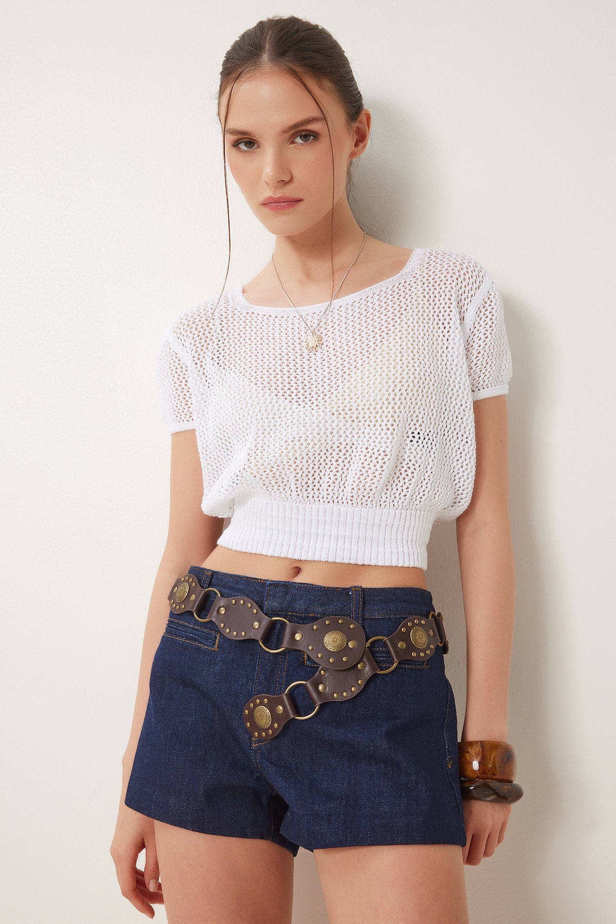 Beyaz Ajurlu Yazlık Crop Triko Bluz ZA00076