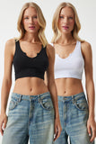 Siyah Beyaz Askılı 2'Li Paket Crop Örme Bluz OW00031
