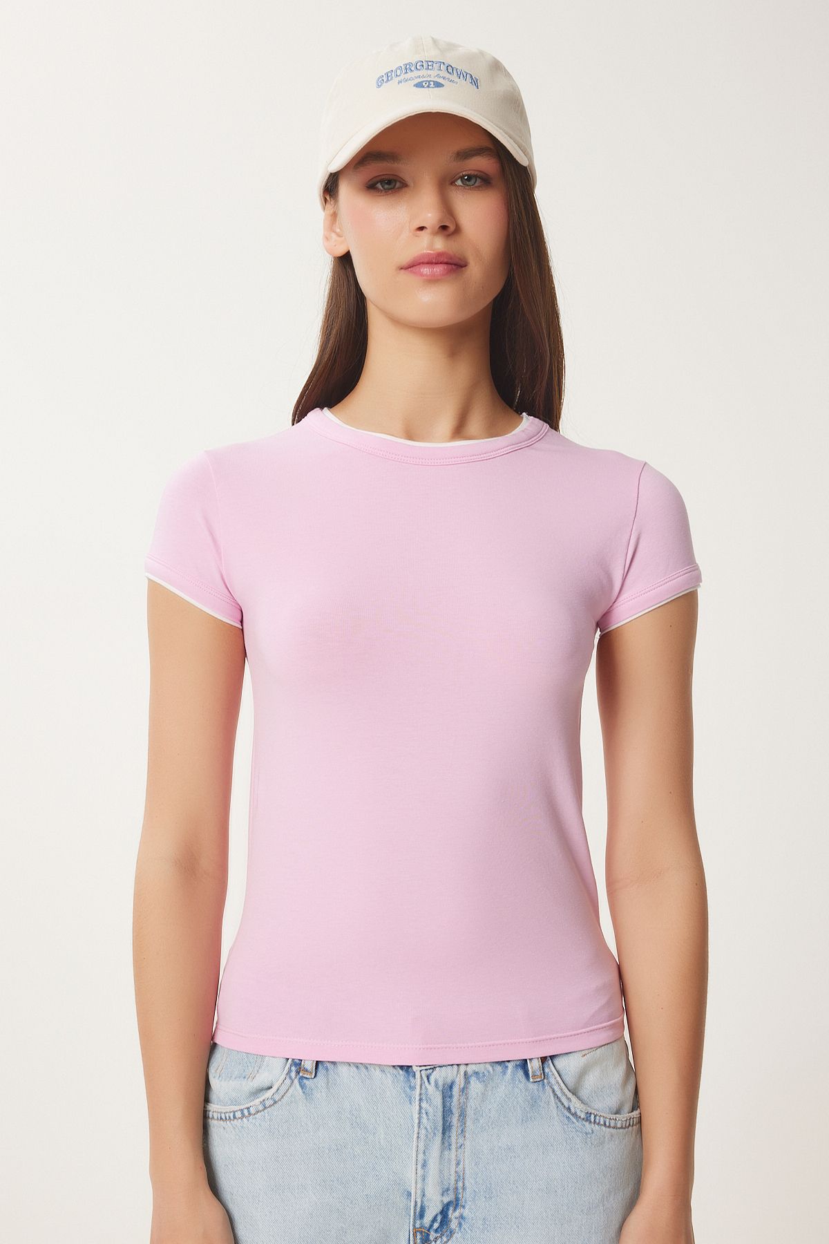 Pembe Kemik Kontrast Renkli Örme T-Shirt UB00369