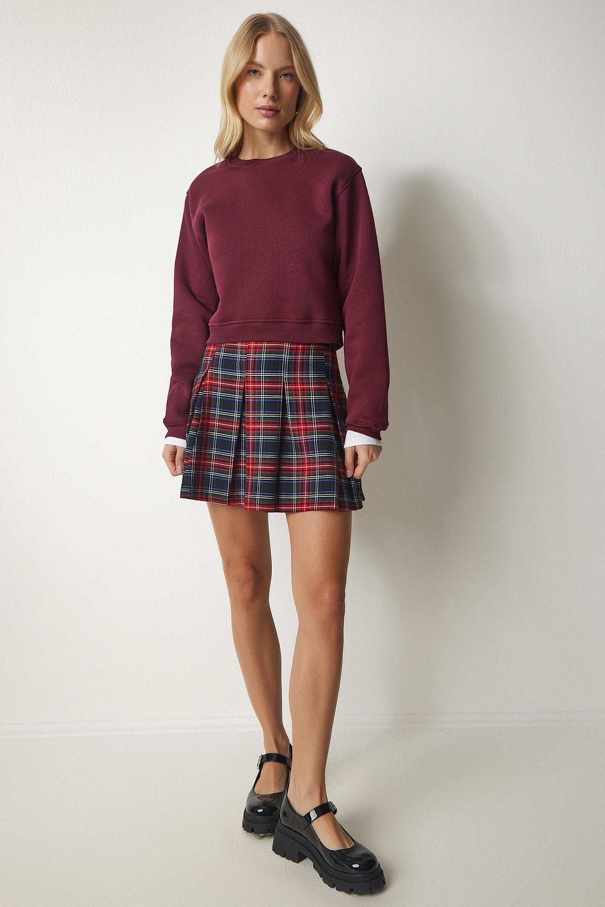 Bordo Şardonlu Crop Sweatshirt UB00178