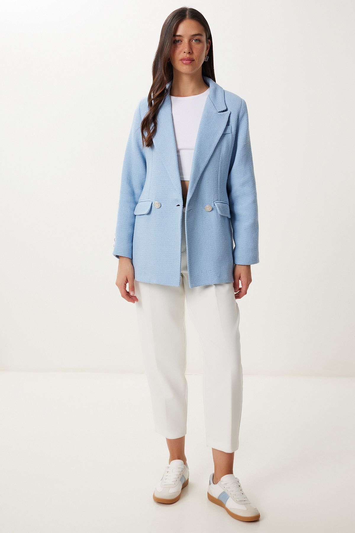 Gök Mavi Vatkalı Şık Düğmeli Tüvit Blazer Ceket XL00005