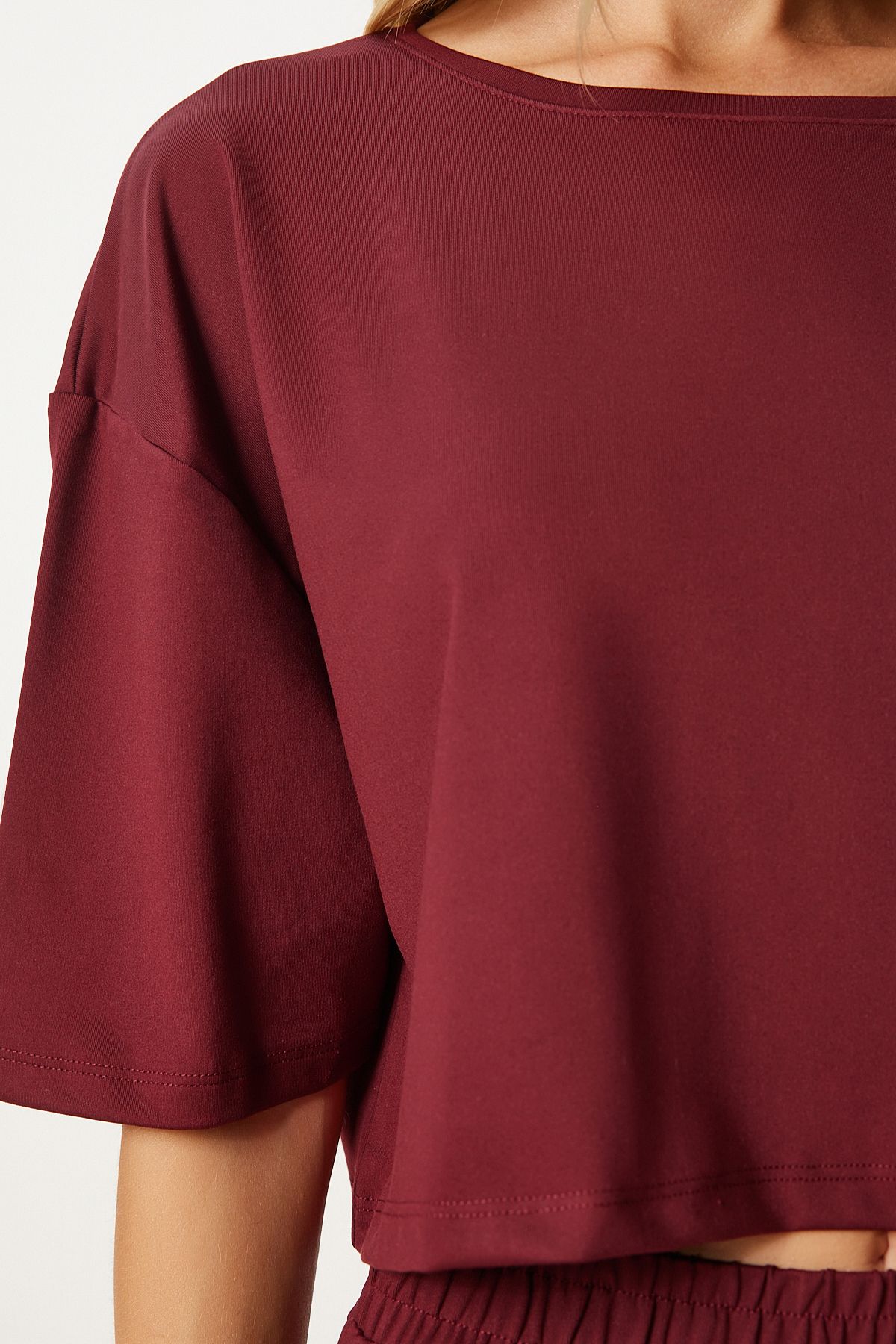 Bordo Crop T-Shirt Jogger Altlı Örme Eşofman Takımı FN03316
