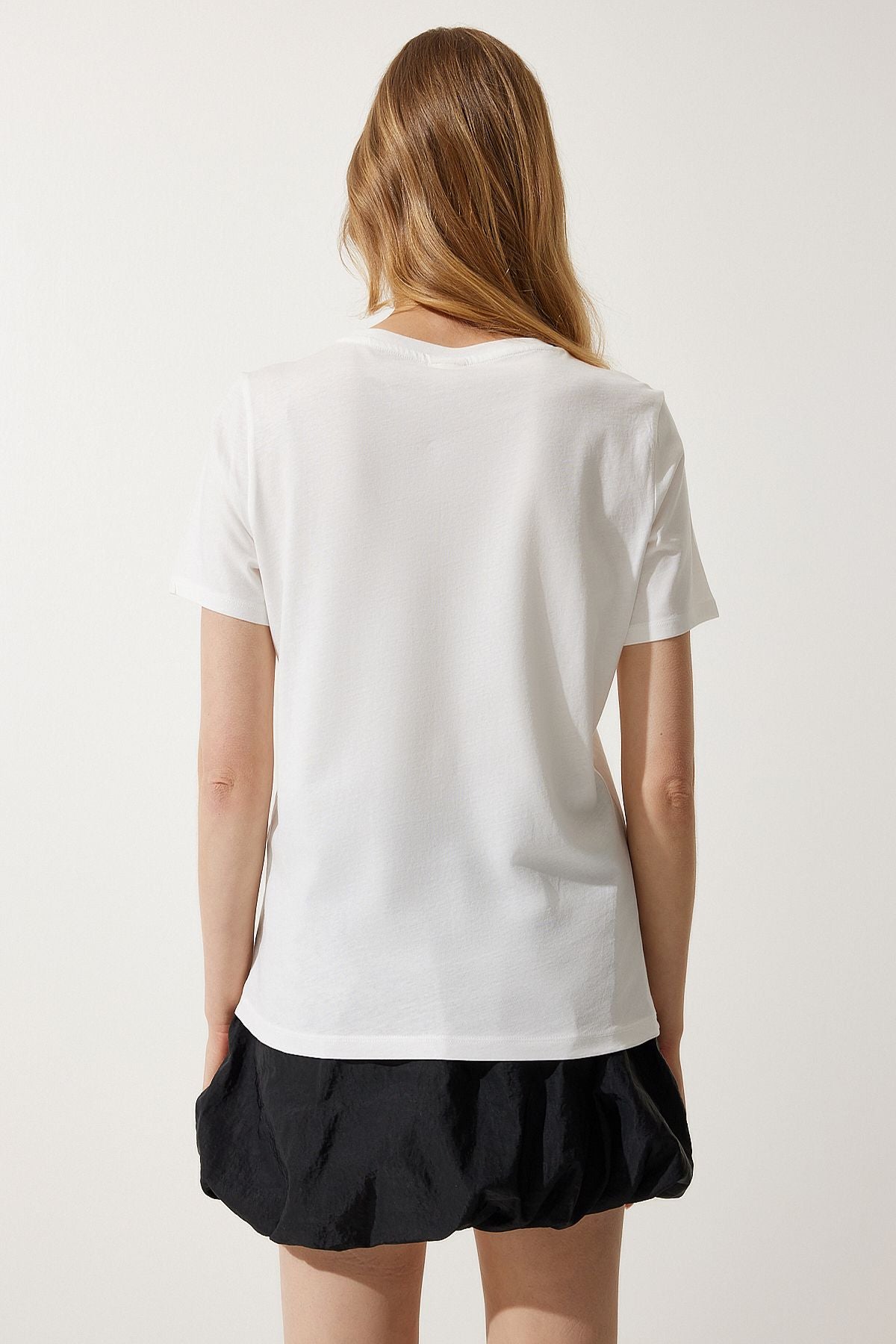 Beyaz Baskılı %100 Pamuk Örme T-Shirt WO00037