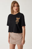 Siyah Ayıcık Armalı Crop Örme T-Shirt HF00455