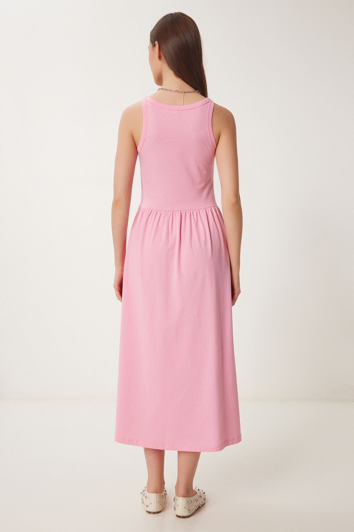 Pembe Halter Yaka Basic Yazlık Örme Elbise CR00474