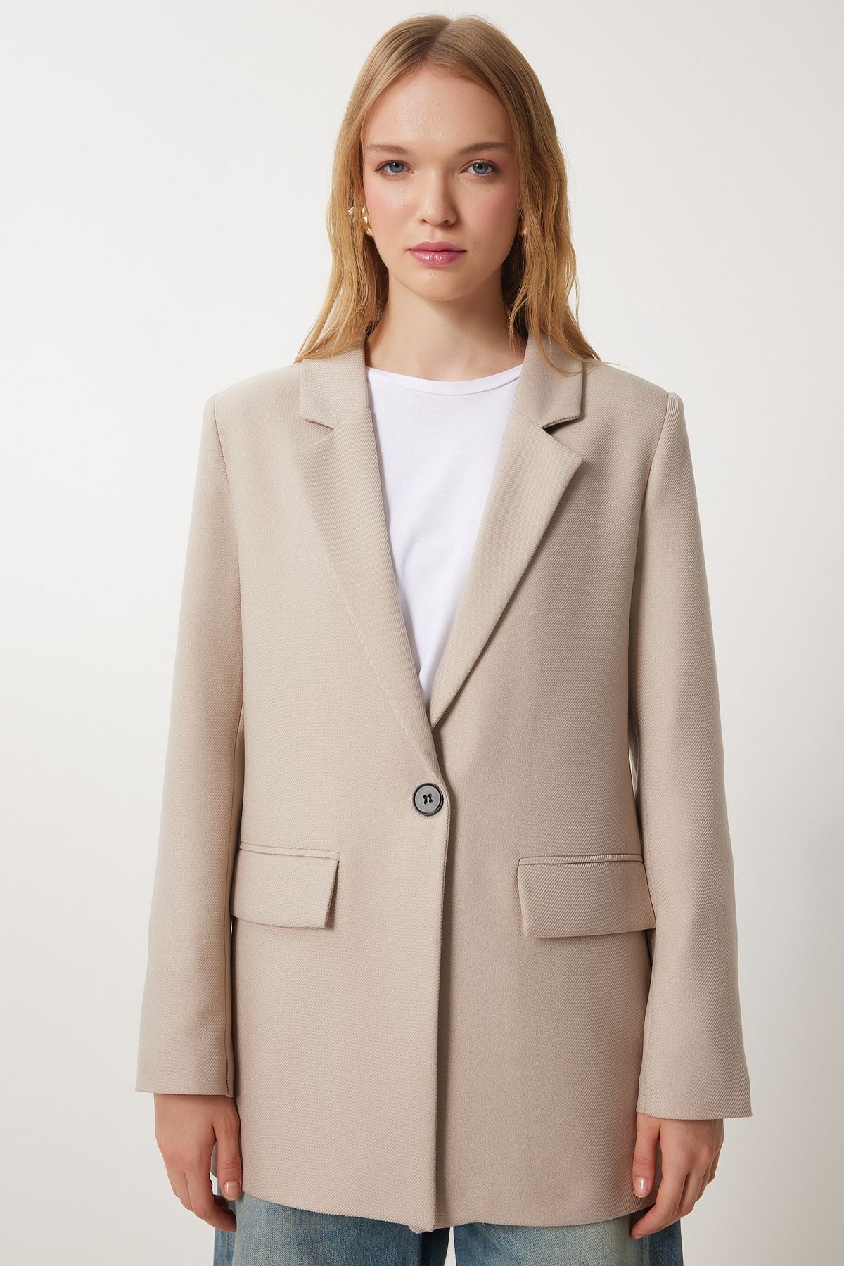 Bej Vatkalı Dokuma Blazer Ceket HL00005