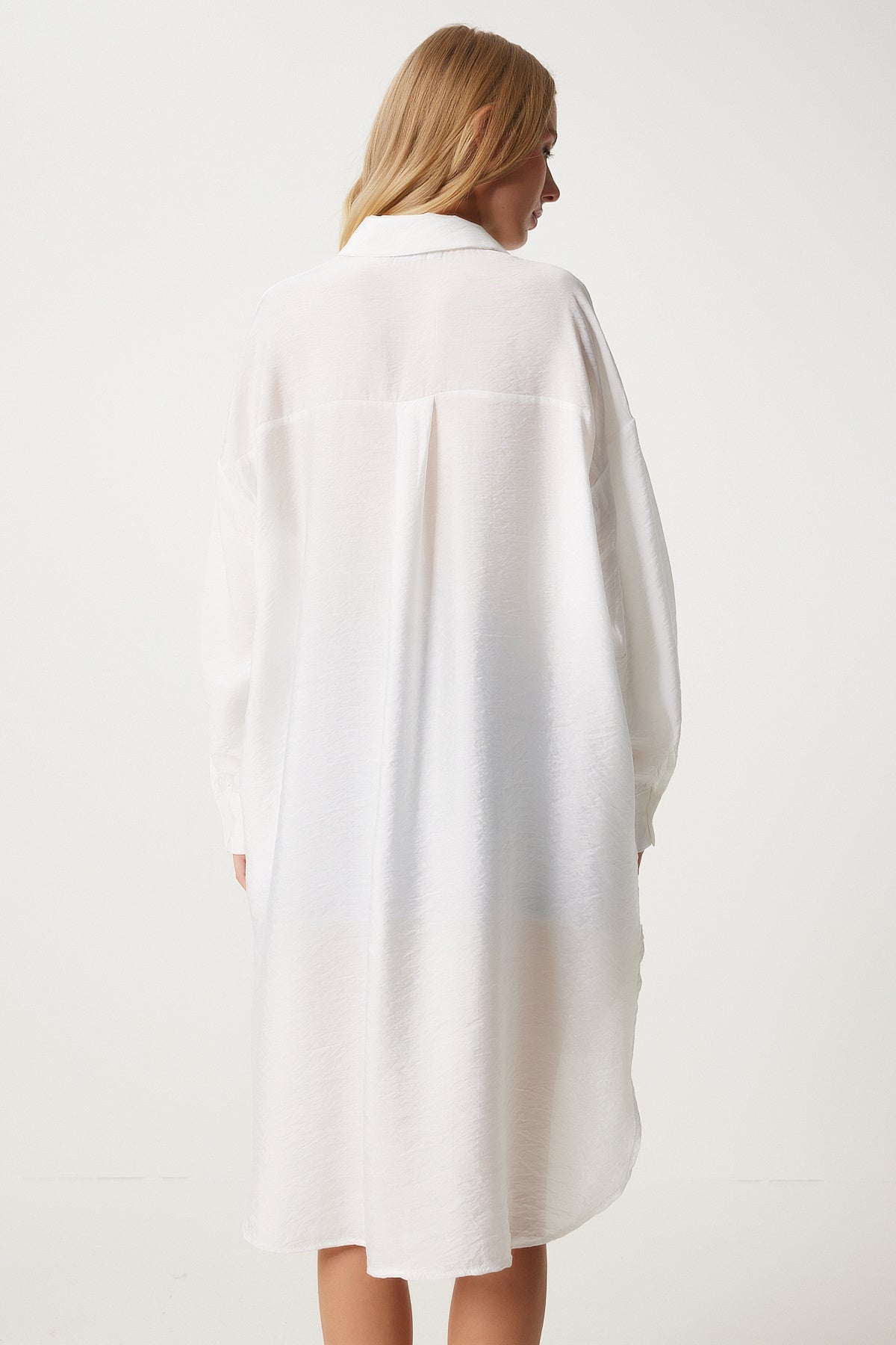 Ekru Yırtmaçlı Hafif Transparan Oversize Gömlek Elbise WF00085
