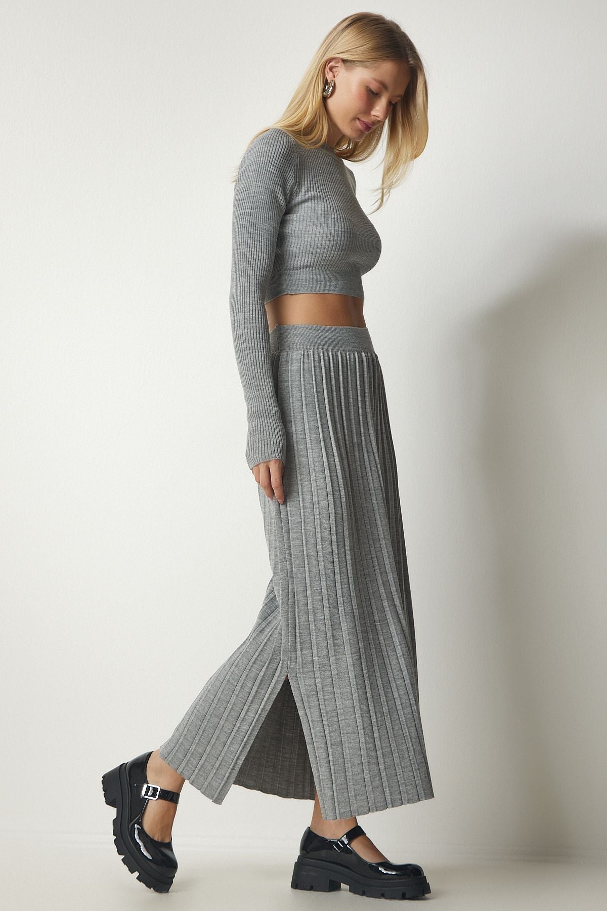 Gri Fitilli Triko Crop Etek Takım Kİ00106
