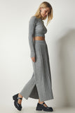 Gri Fitilli Triko Crop Etek Takım Kİ00106