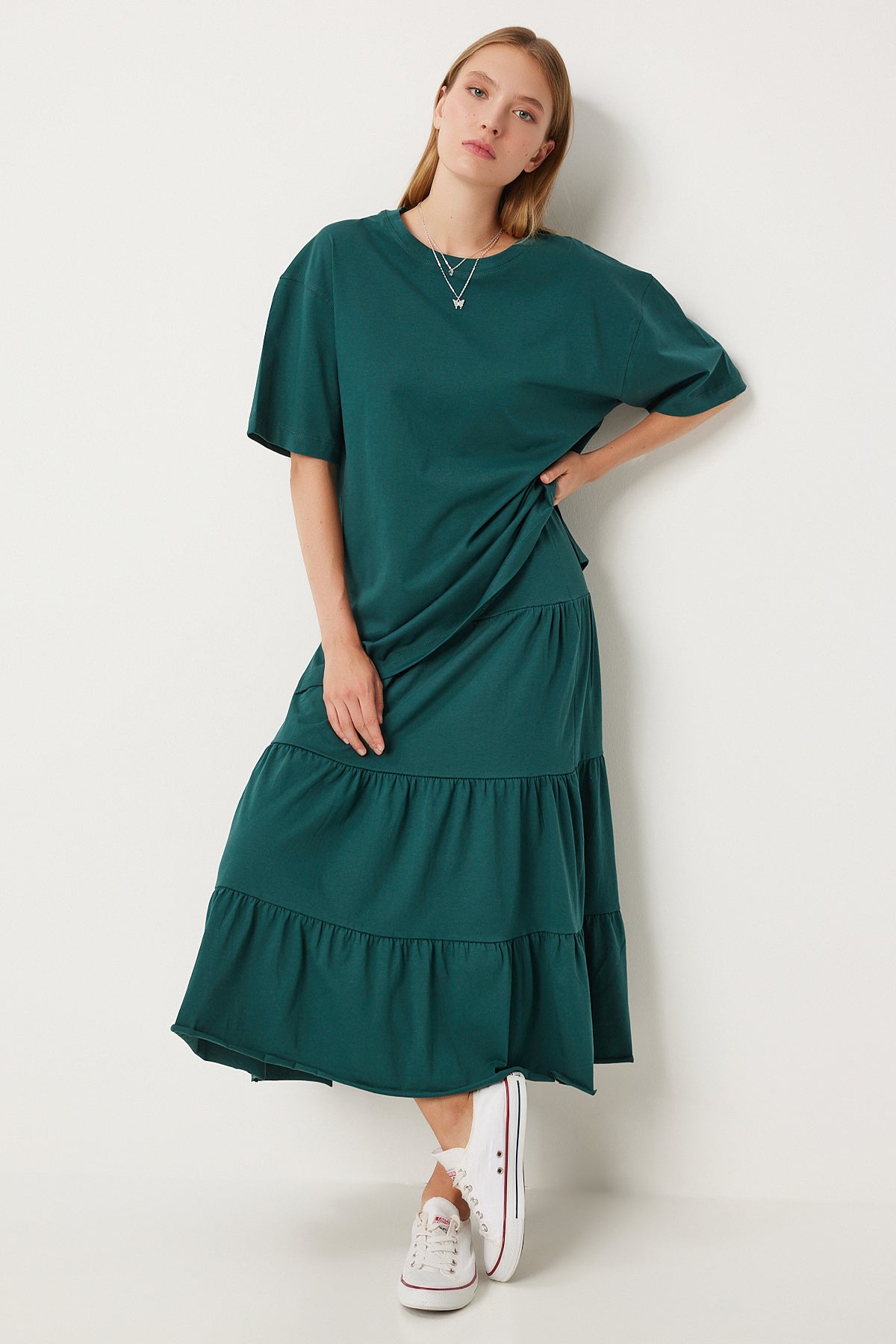 Zümrüt Yeşili Oversize T-Shirt Volanlı Örme Etek Takım UB00291
