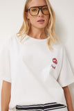Ekru Baskılı Pamuklu Oversize Örme T-shirt CR00466