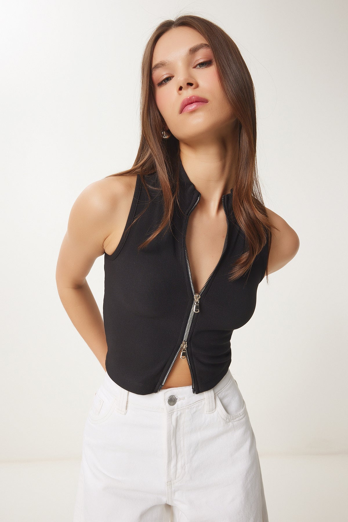 Siyah Fermuarlı Fitilli Crop Bluz KH00100