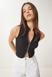 Siyah Fermuarlı Fitilli Crop Bluz KH00100