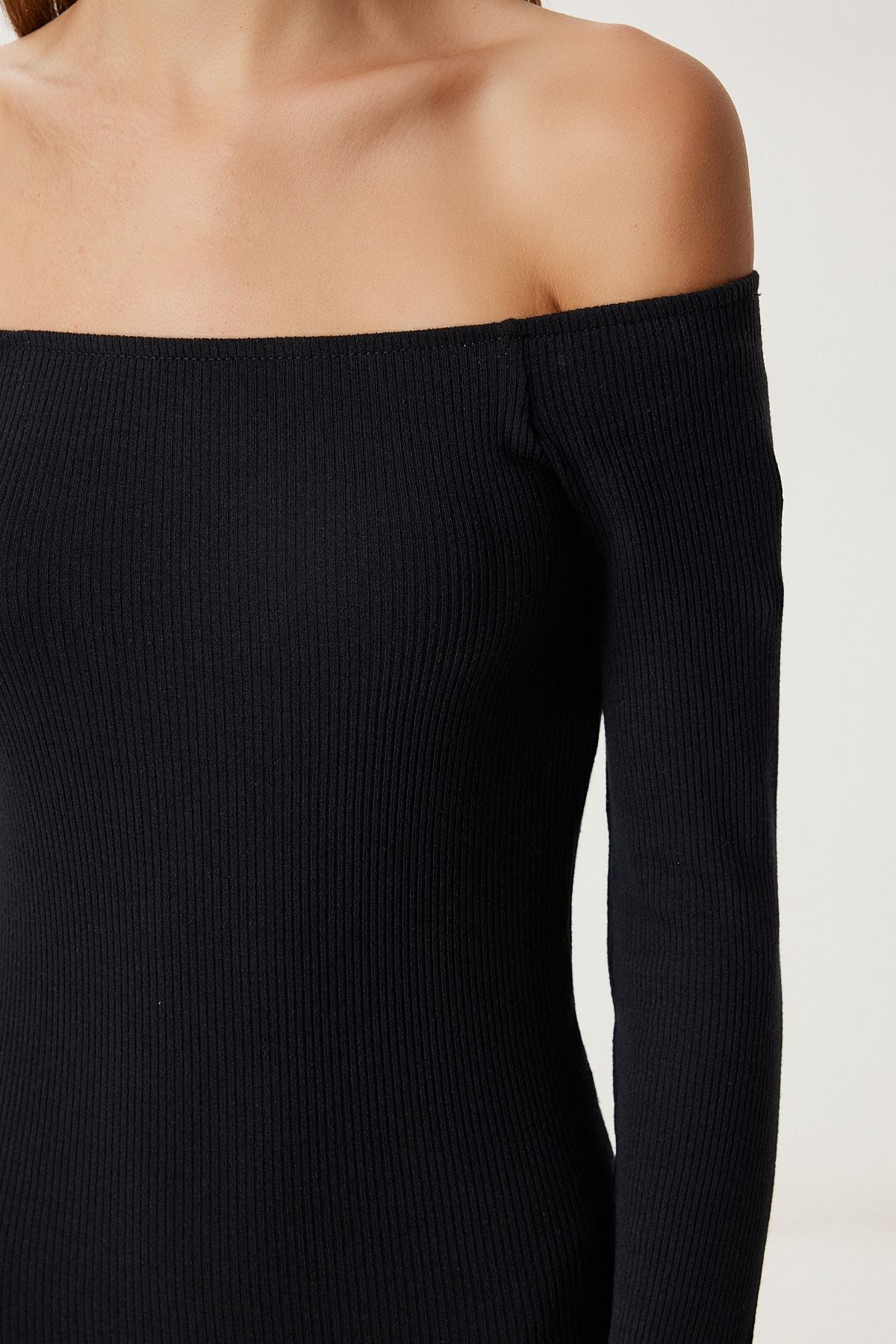 Siyah Carmen Yaka Fitilli Örme Mini Elbise UB00467