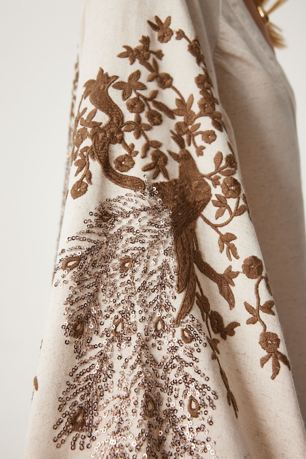 Krem Kahverengi Nakış İşlemeli Keten Kimono OR00005