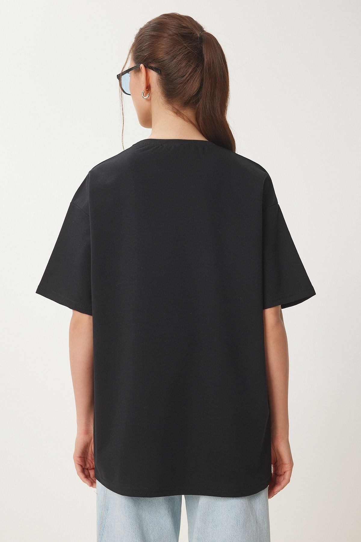 Siyah Oversize Baskılı Örme T-Shirt ZV00279