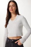 Taş V Yaka Crop Triko Kazak PF00040