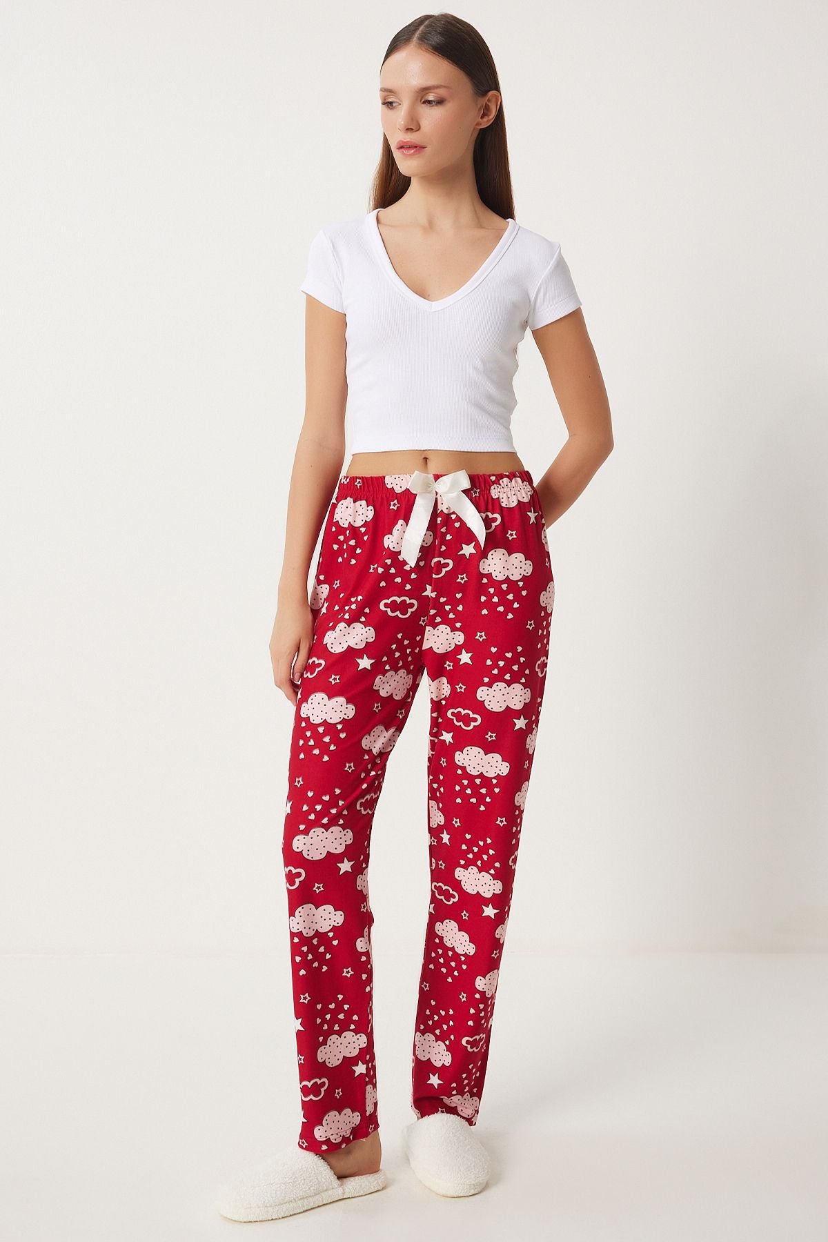 Kırmızı Pembe Desenli Yumuşak Dokulu Örme Pijama Altı EC00047