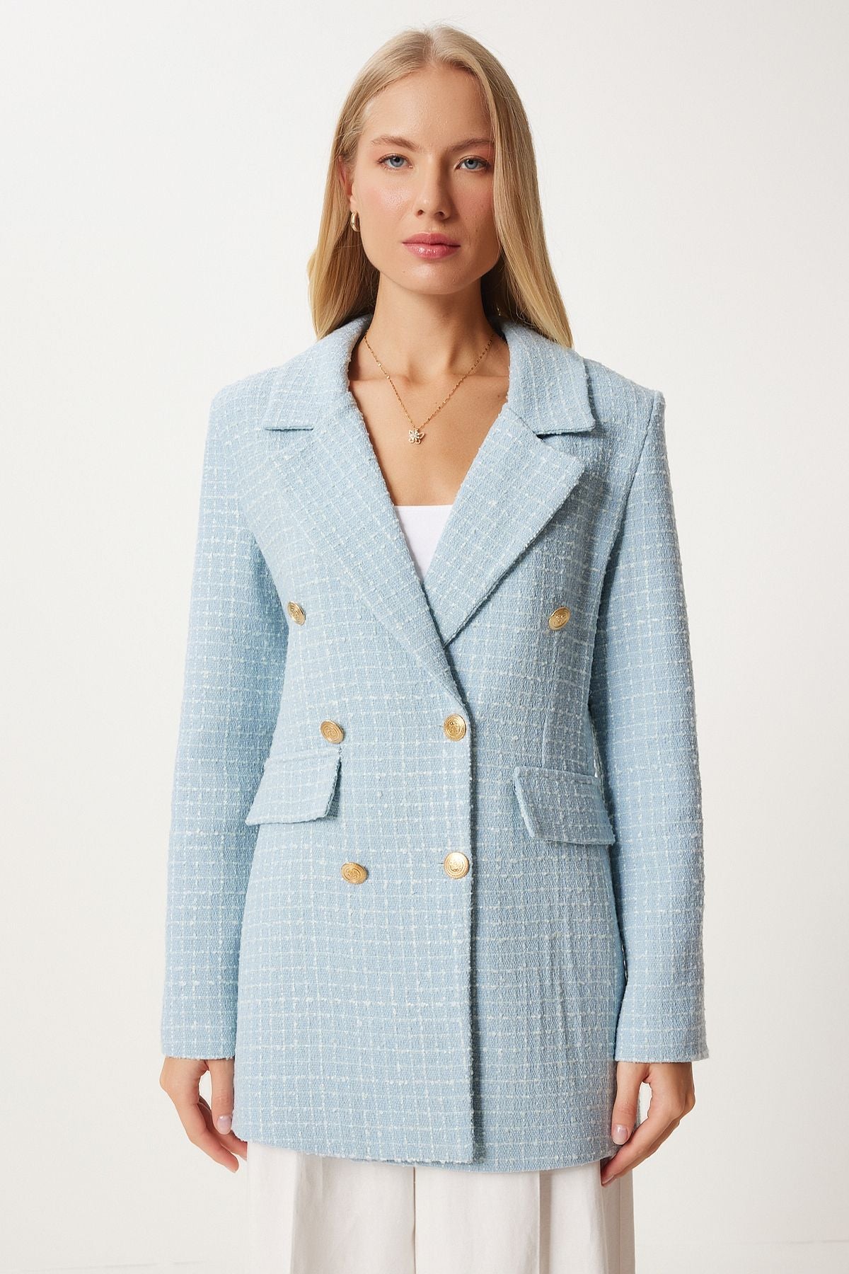 Gök Mavi Dügmeli Blazer Tüvit Ceket WF00004