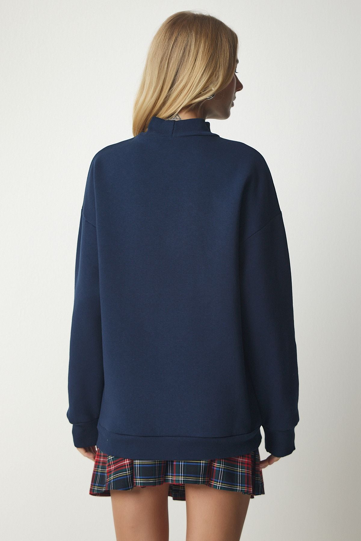 Lacivert Dik Yaka Basic Şardonlu Sweatshirt UB00166