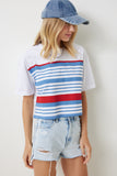 Beyaz Mavi Bisiklet Yaka Çizgili Örme T-Shirt NJ00151
