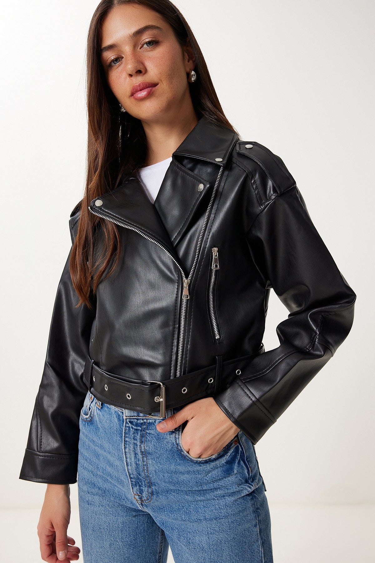 Siyah Kemerli Crop Suni Deri Ceket GZ00003