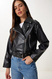 Siyah Kemerli Crop Suni Deri Ceket GZ00003