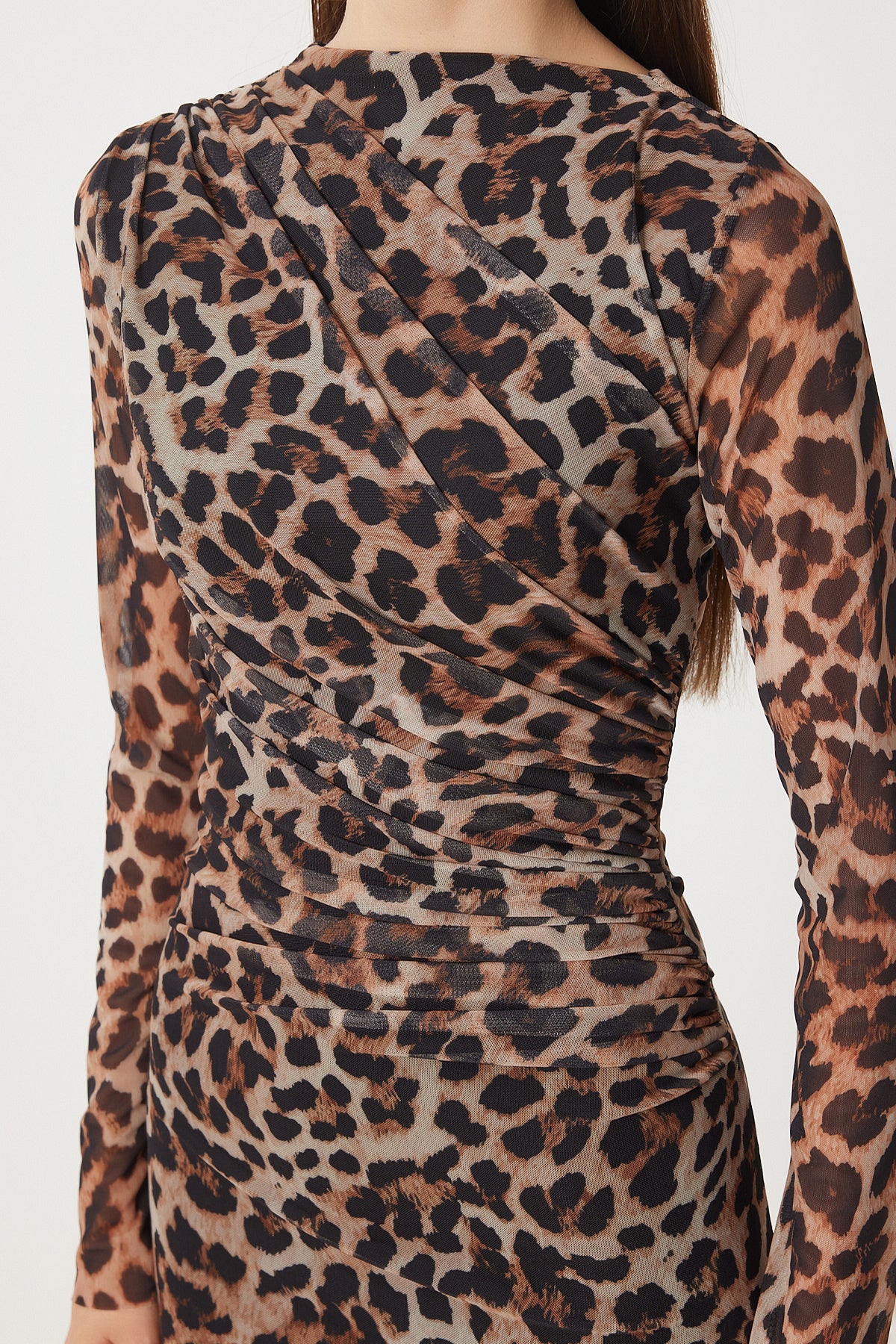 Kahverengi Bej Leopar Desenli Büzgülü Saran Tül Elbise DK00172