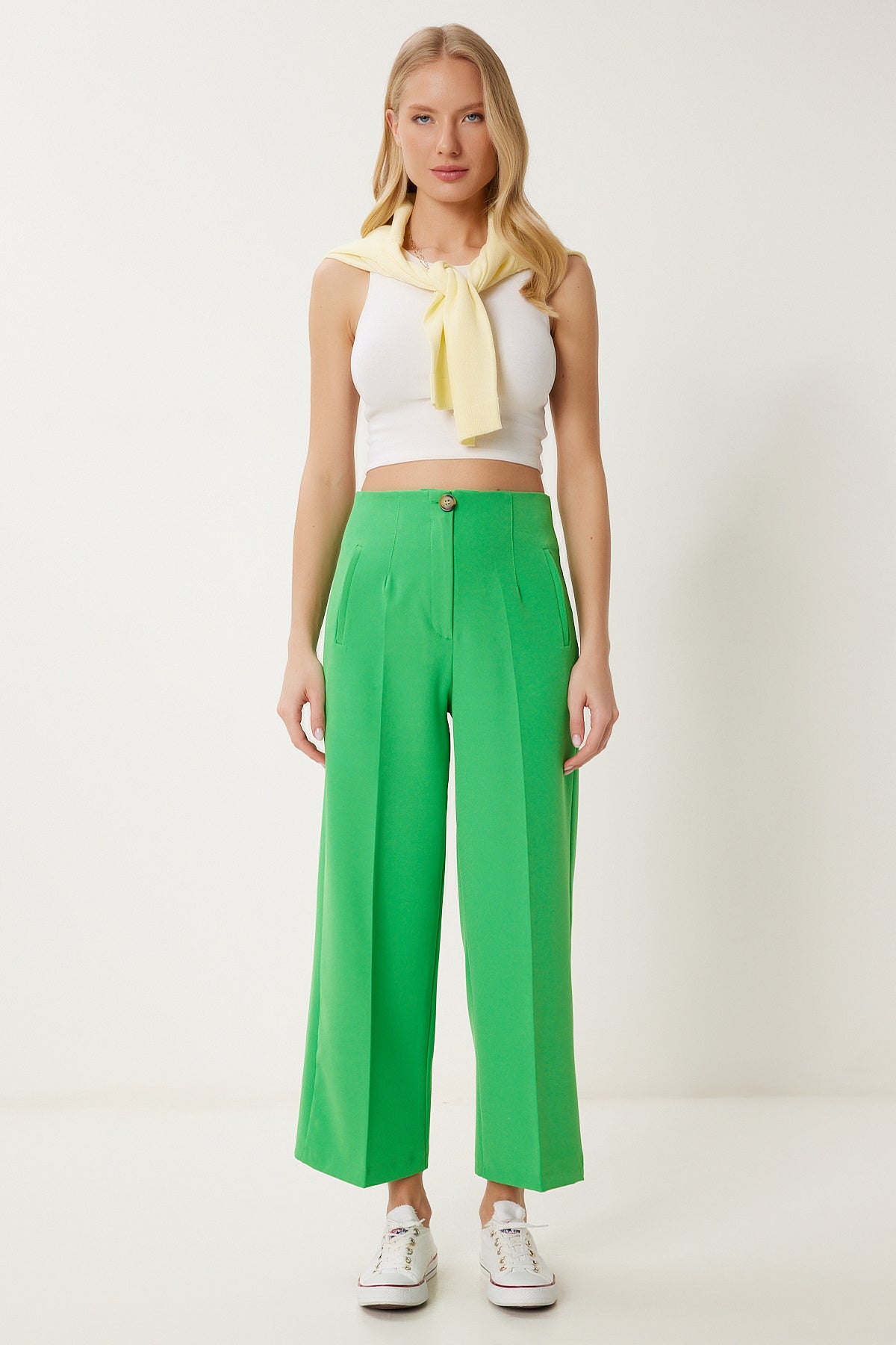 Yeşil Orta Bel Culotte Dokuma Pantolon NS00435