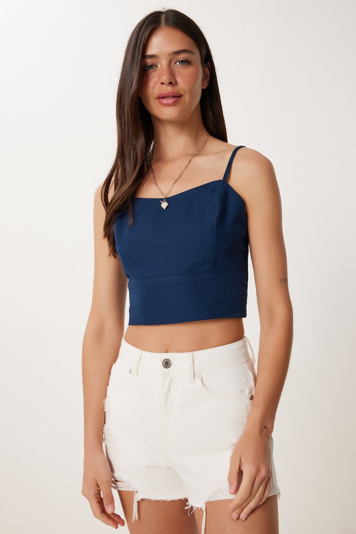 Lacivert Askılı Crop Keten Bluz MX00219
