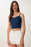 Lacivert Askılı Crop Keten Bluz MX00219