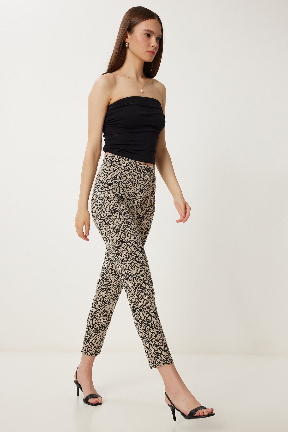 Siyah Bej Desenli Esnek Dokuma Pantolon WF00143