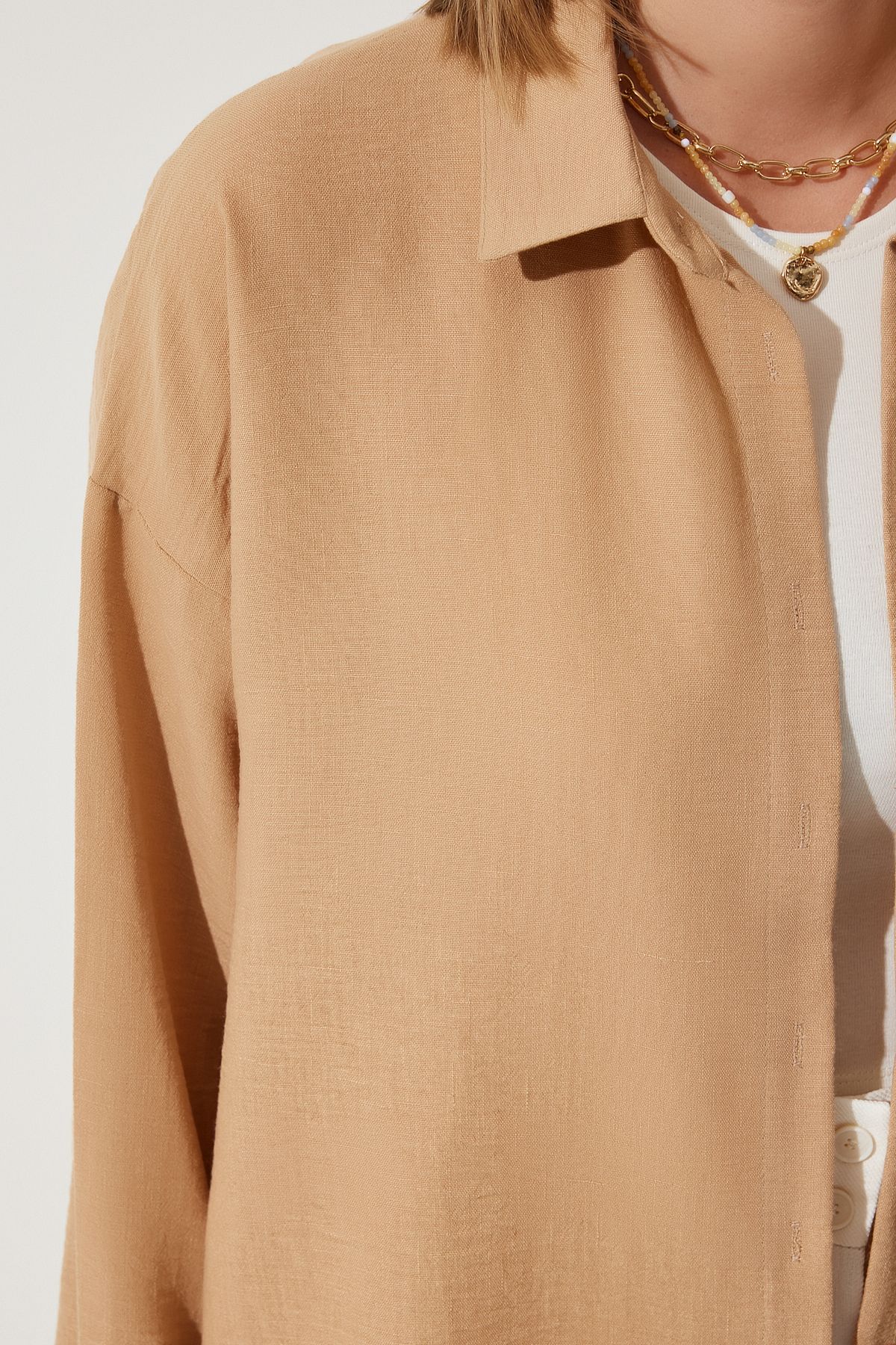 Bej Oversize Keten Ayrobin Gömlek DD01222