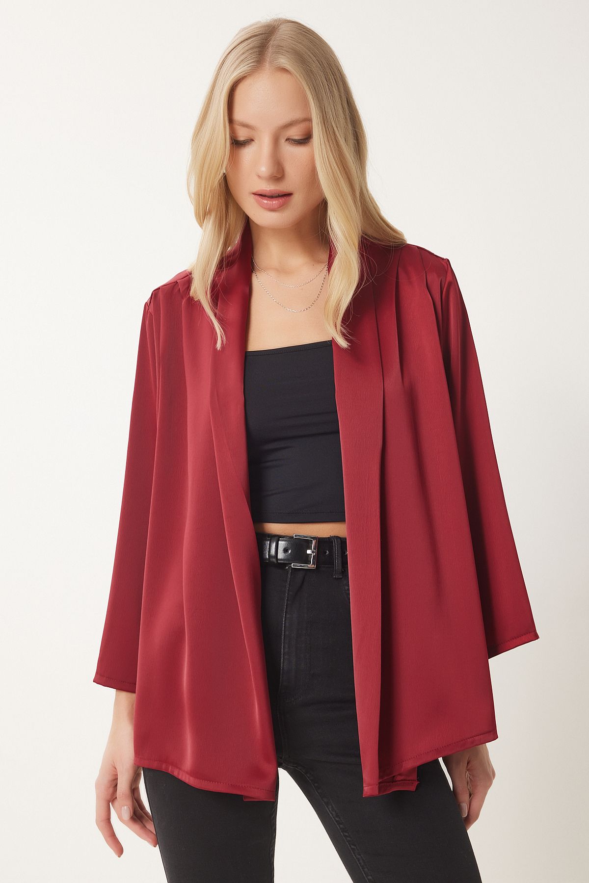 Bordo Şal Yaka Şık Saten Yüzeyli Ceket MC00291