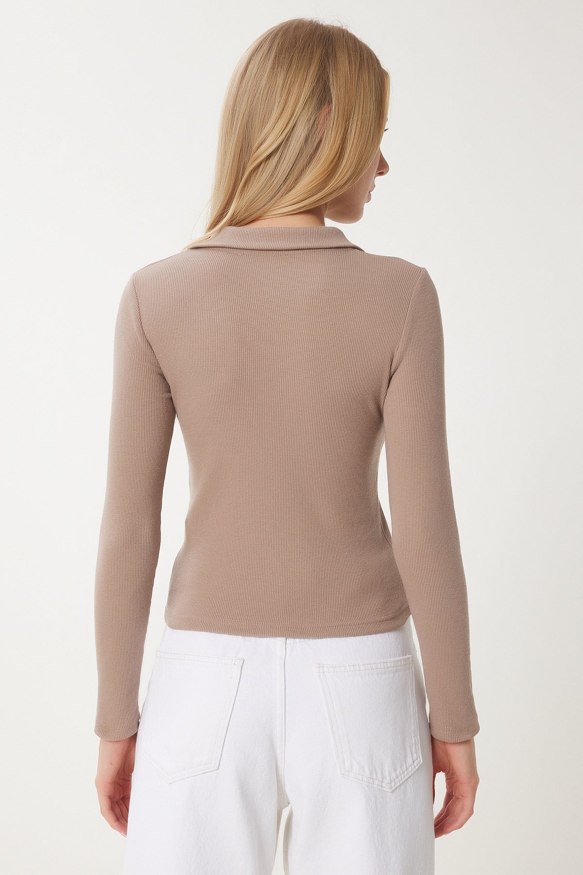 Bej Polo Yaka Fitilli Örme Bluz GT00111